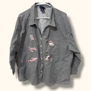 Las Olas Shirt Womens 2X Black White Gingham Embroidered Cruisin Car Guitar